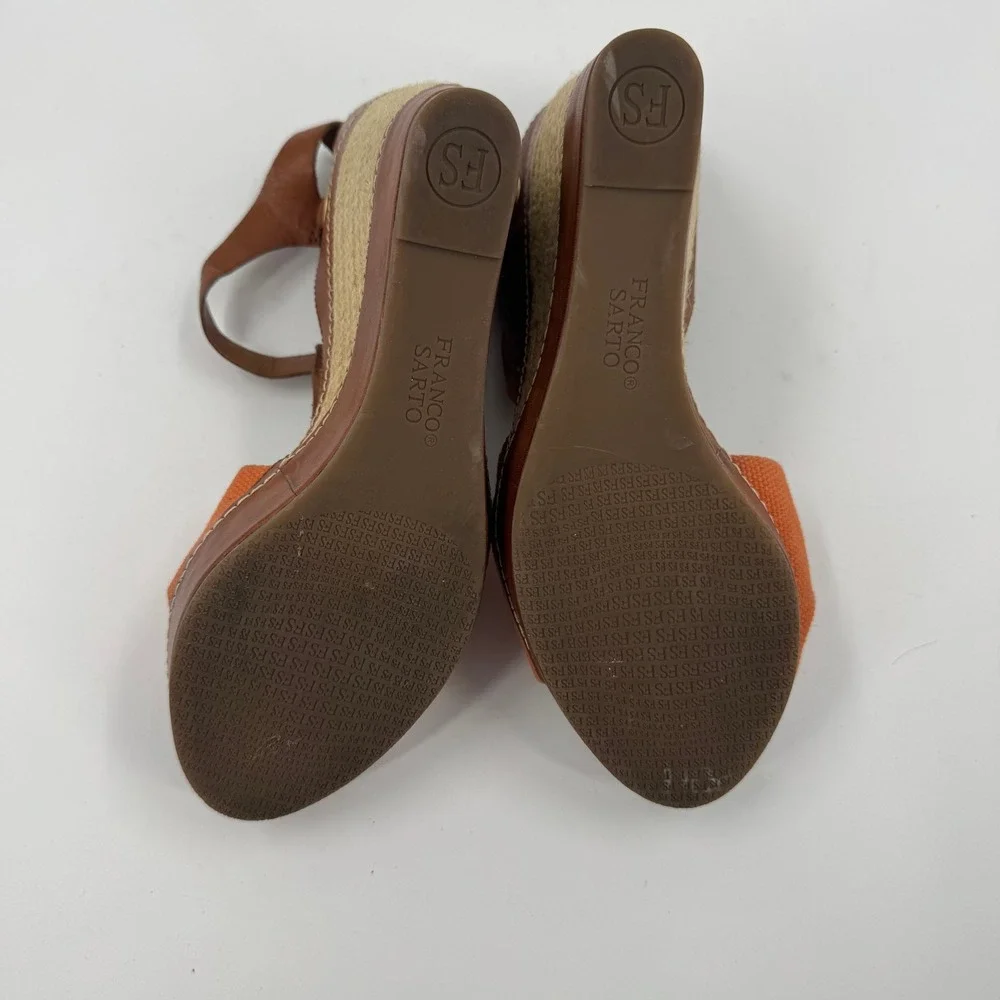 Franco Sarto Riviera Wedge Sandal Womens 8.5 Brown Orange Leather Bow Espadrille